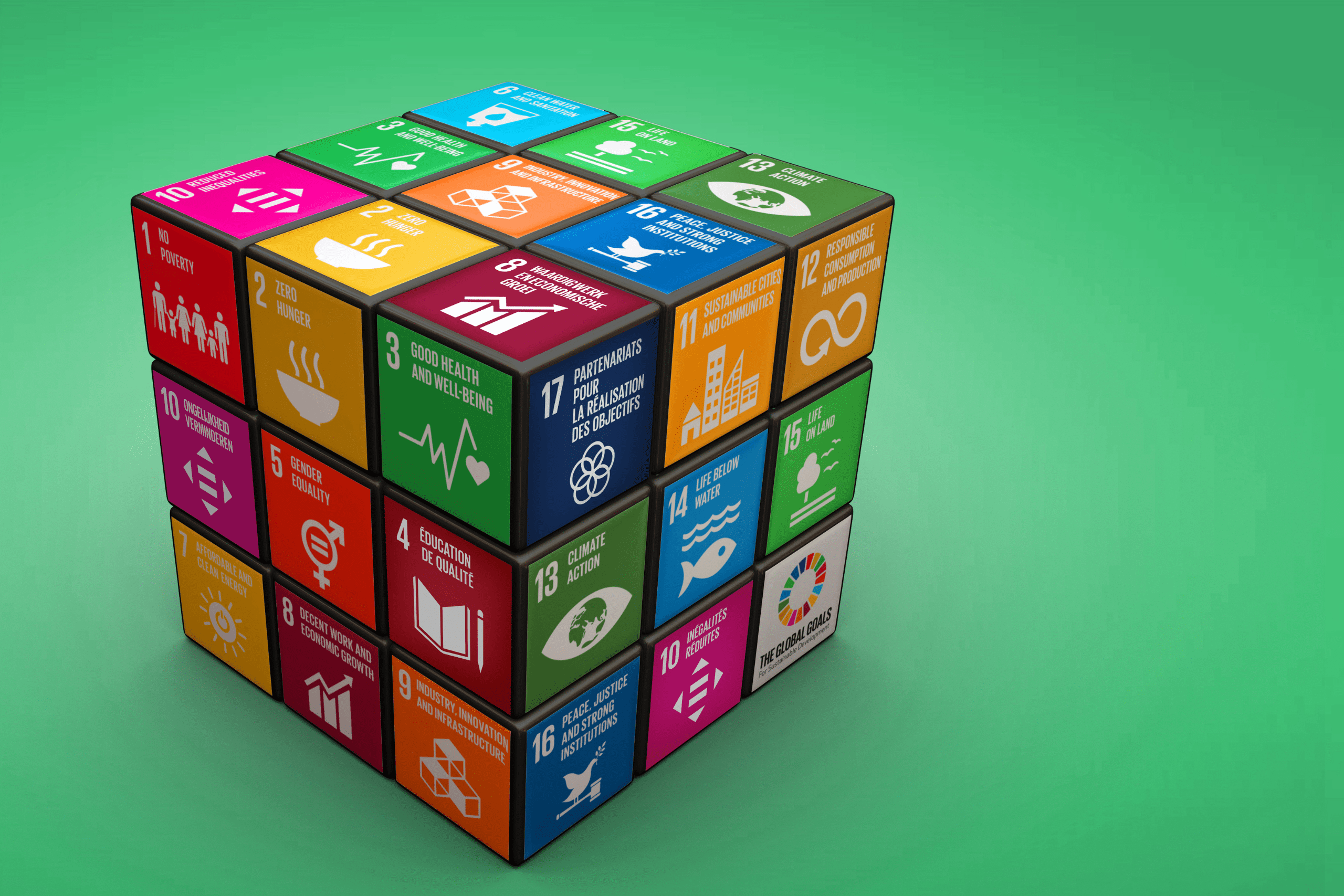 Kubus met de 17 SDG's van de Verenigde Naties op een groene achtergrond